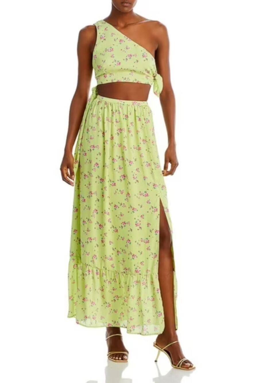 WAYF Womens Darlin Chiffon Cut-Out Maxi Dress Lemon Ditsy Large NWT